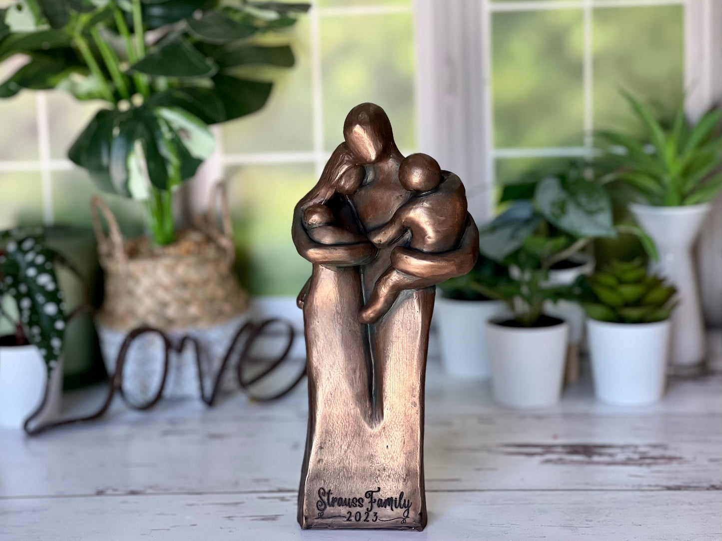 Family of Four w/ Newborn Baby and Young Toddler 8 Year Anniversary Bronze Sculpture 8th Anniversary Gift for husband