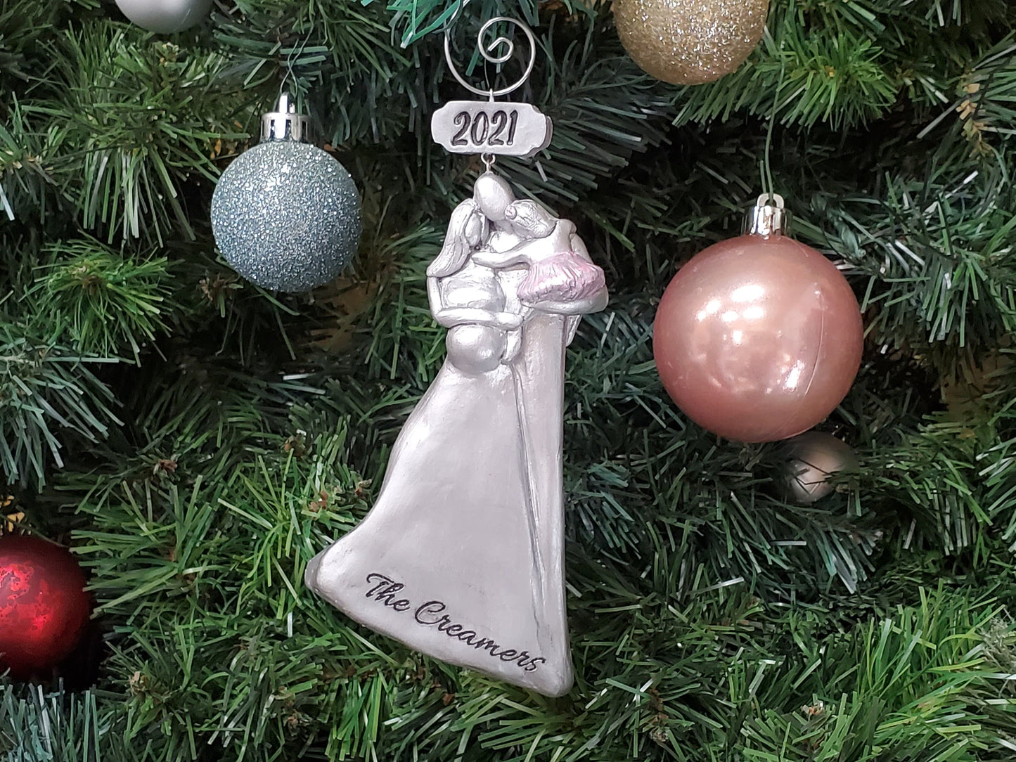 Pregnant Expecting Family of Three with a Toddler GirlChristmas Ornament OrDrEFO3-YTC-G