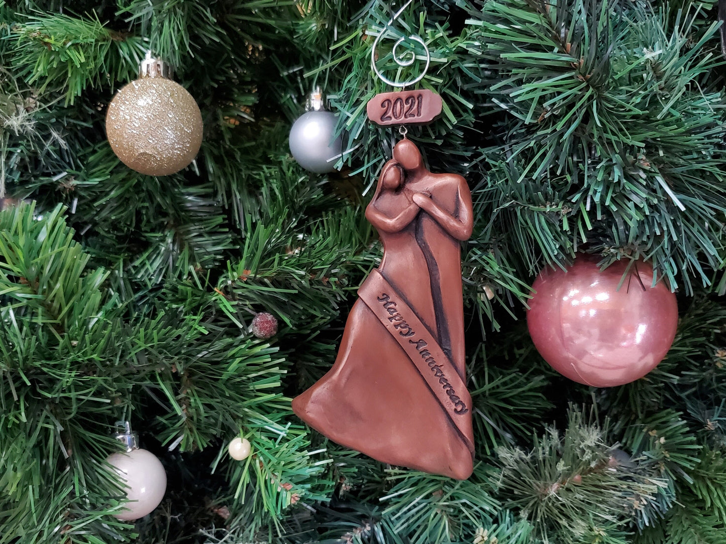 Couple's Wedding Anniversary Gift, Aluminum, Bronze, Copper, Pearl, Ivory, Silver or Gold - Happy Anniversary 2023 Christmas Ornament