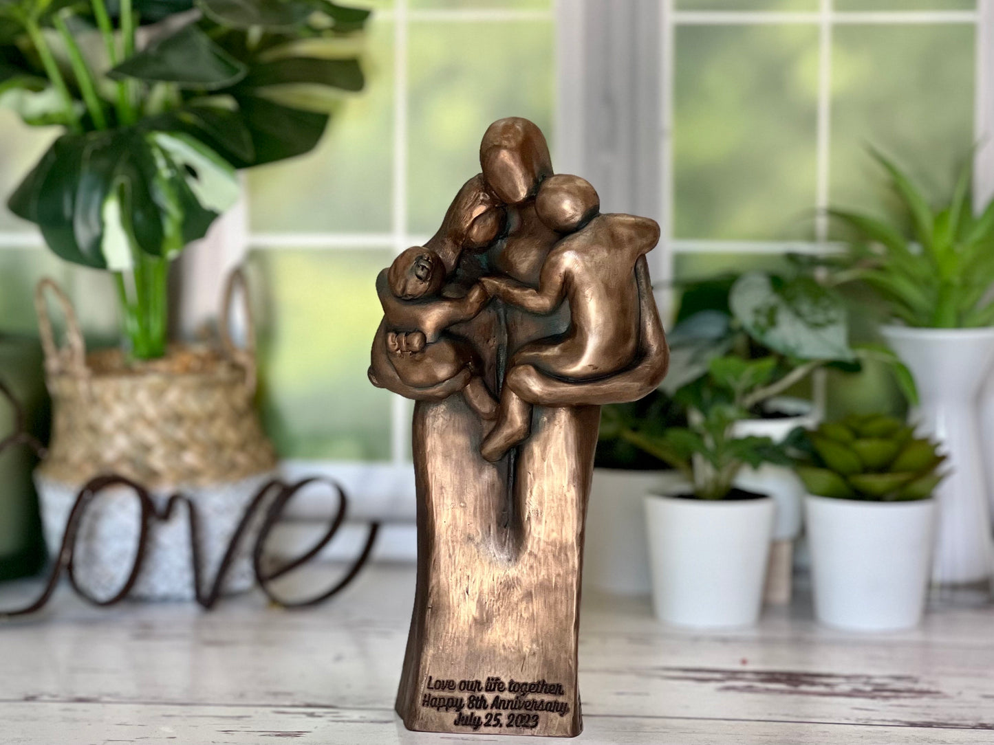 Family of Four w/Baby and Toddler 8 Year Anniversary Bronze Sculpture 8th Anniversary Gift for husband