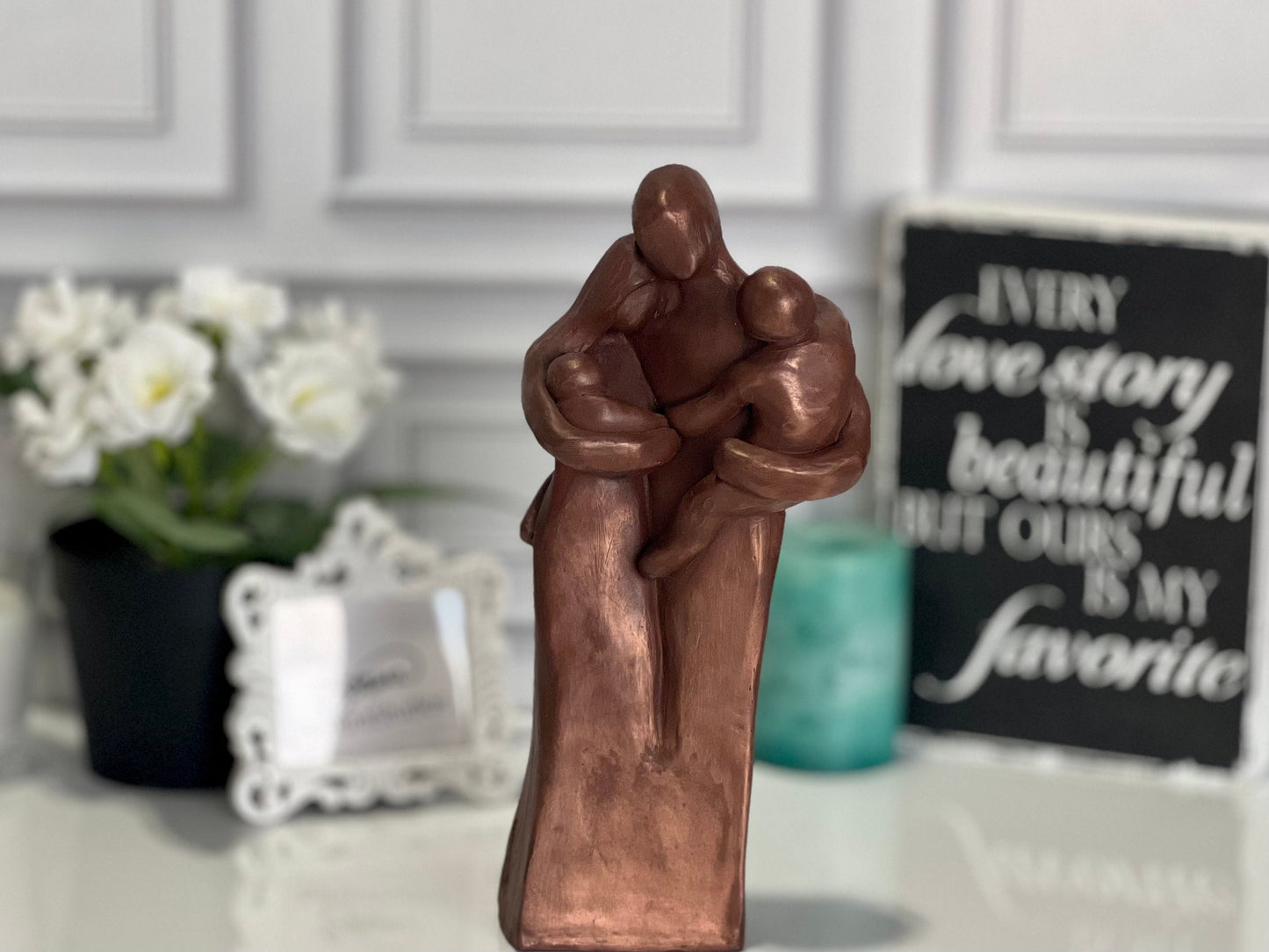 Family of Four w/ Newborn Baby and Young Toddler 8 Year Anniversary Bronze Sculpture 8th Anniversary Gift for husband