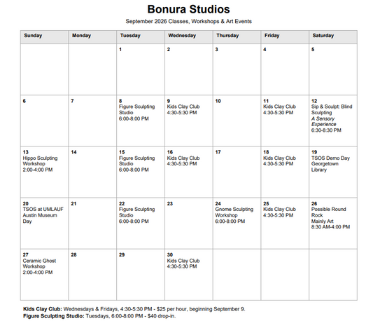 September at Bonura Studios: Classes, Clay Club & Community Events