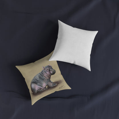 Hippo Illustration Square Pillow — Cute Baby Hippo Decorative Throw Pillow