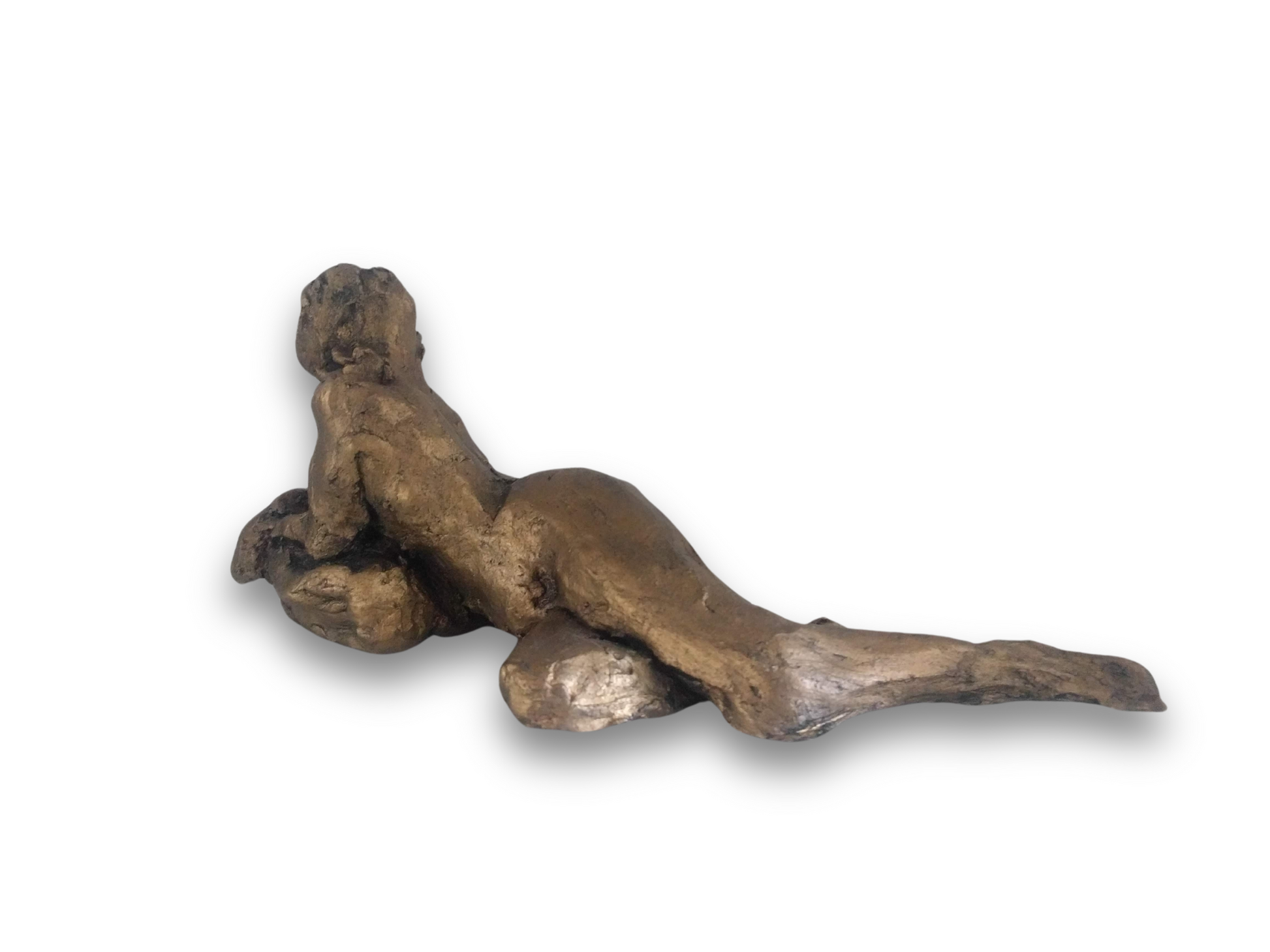 This sculpture is a study of the human form, capturing a reclining figure with an emphasized gesture. It is a beginner's piece in figure sculpture, sculpted in water-based clay, and measures approximately 9 inches in length. The work, showing a figure in a pose that suggests contemplation or rest, was created by Elizabeth Bonura.