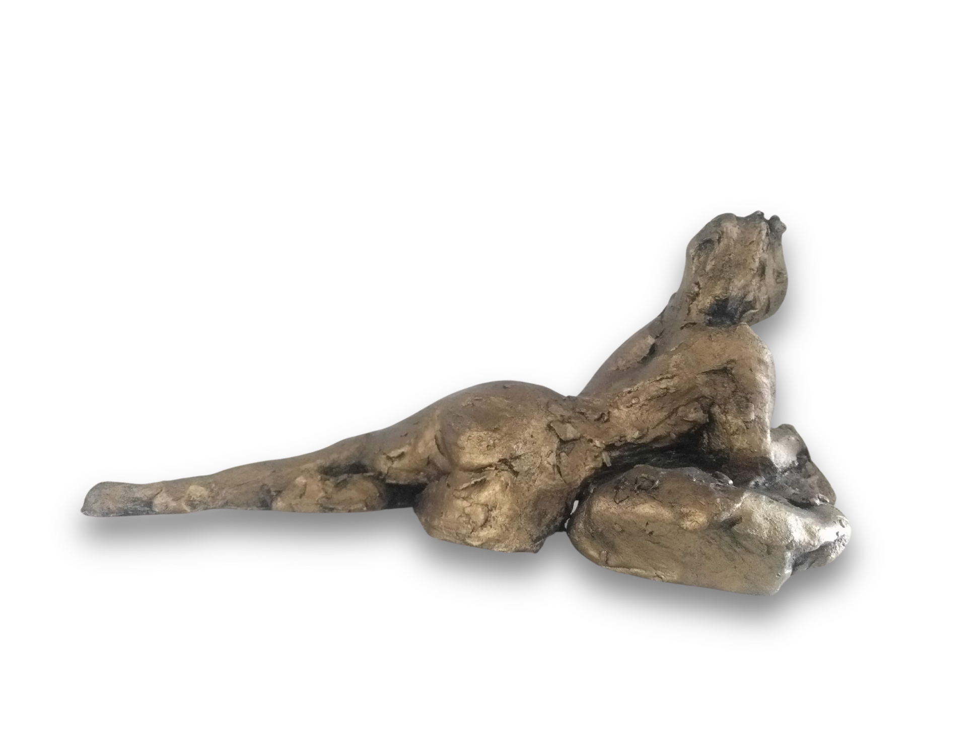 This sculpture is a study of the human form, capturing a reclining figure with an emphasized gesture. It is a beginner's piece in figure sculpture, sculpted in water-based clay, and measures approximately 9 inches in length. The work, showing a figure in a pose that suggests contemplation or rest, was created by Elizabeth Bonura.