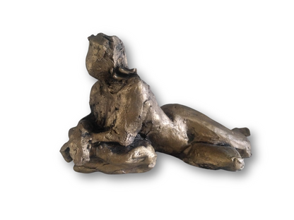 This sculpture is a study of the human form, capturing a reclining figure with an emphasized gesture. It is a beginner's piece in figure sculpture, sculpted in water-based clay, and measures approximately 9 inches in length. The work, showing a figure in a pose that suggests contemplation or rest, was created by Elizabeth Bonura.