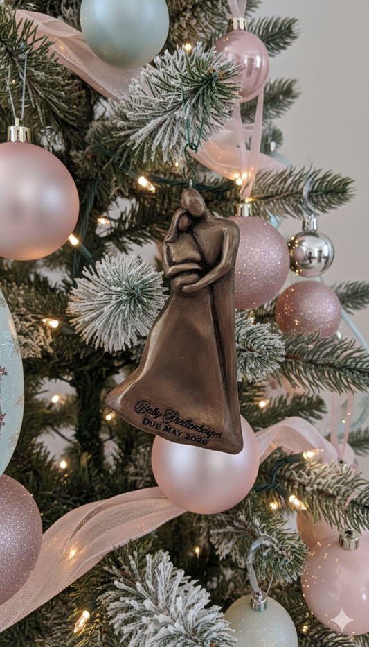 Personalized Pregnant Expecting Parents Christmas Ornament – Bronze Cold Cast Family Sculpture with Custom Engraving