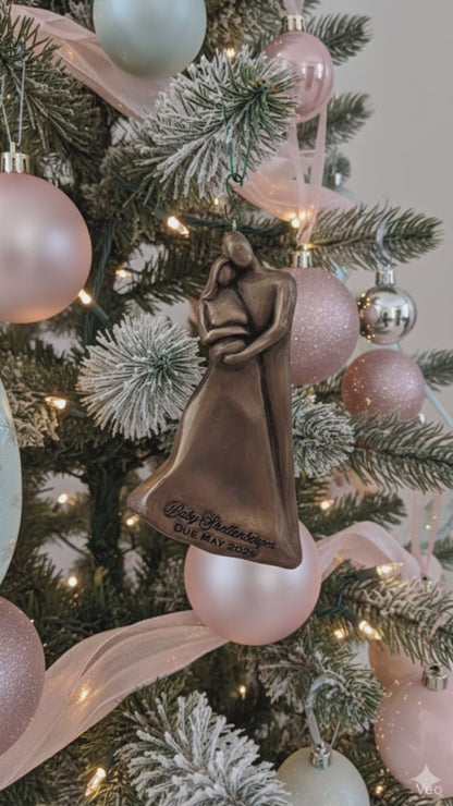 Personalized Pregnant Expecting Parents Christmas Ornament – Bronze Cold Cast Family Sculpture with Custom Engraving