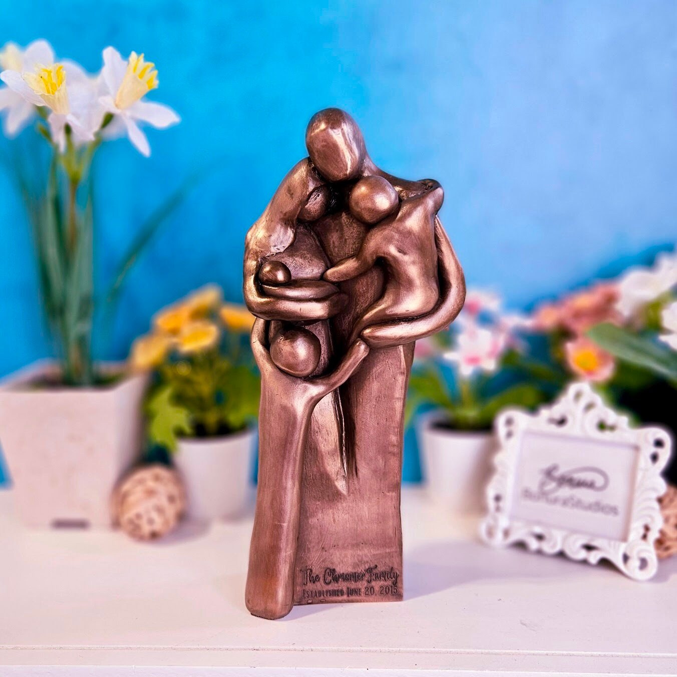 7th Anniversary Family of Five Sculpture Copper, Gift for Her, Gift for Him, Seven Year Husband Wife Newborn Baby